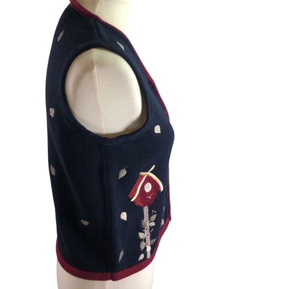 Vintage Y2K Ramie Cotton Embroidered Knit Vest Sz S Navy Wine Cat Bird Novelty - Picture 3 of 11